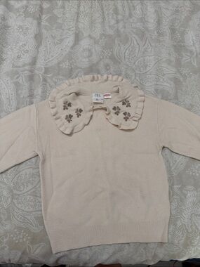 ZARA Cream Knit Sweater with Ruffled Floral Collar